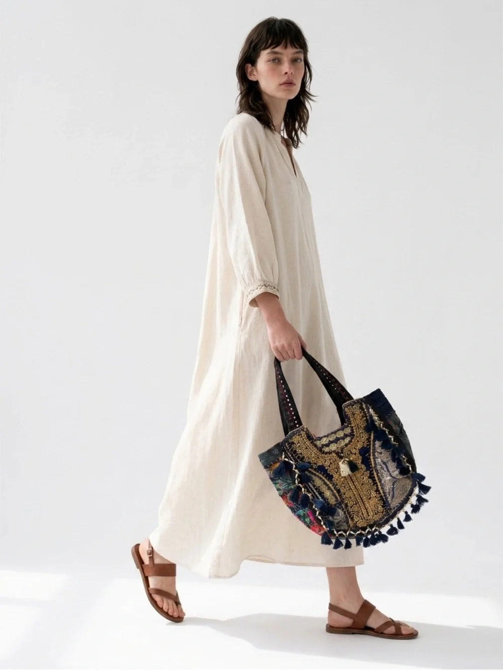 Jessica Taylor Embroidered and Beaded Multicolor Boho Tote Bag with Tassels
